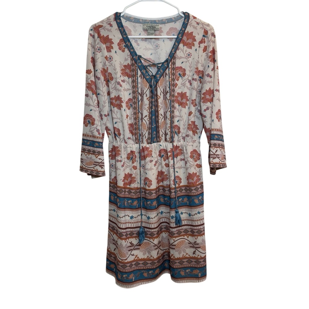 Flying Tomato Women's Size L Boho Floral 3/4 Sleeve Dress Tassel V‑Neck Chic